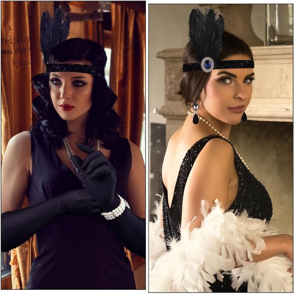 1920s V Neck Sequin Beaded Fringed Dress with 20s Accessories Set - Picture 4 of 6